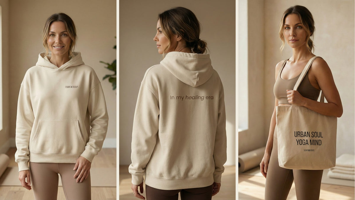 Collection CALM : hoodie oversize In My Healing Era face et dos, tote bag Urban Soul Yoga Mind