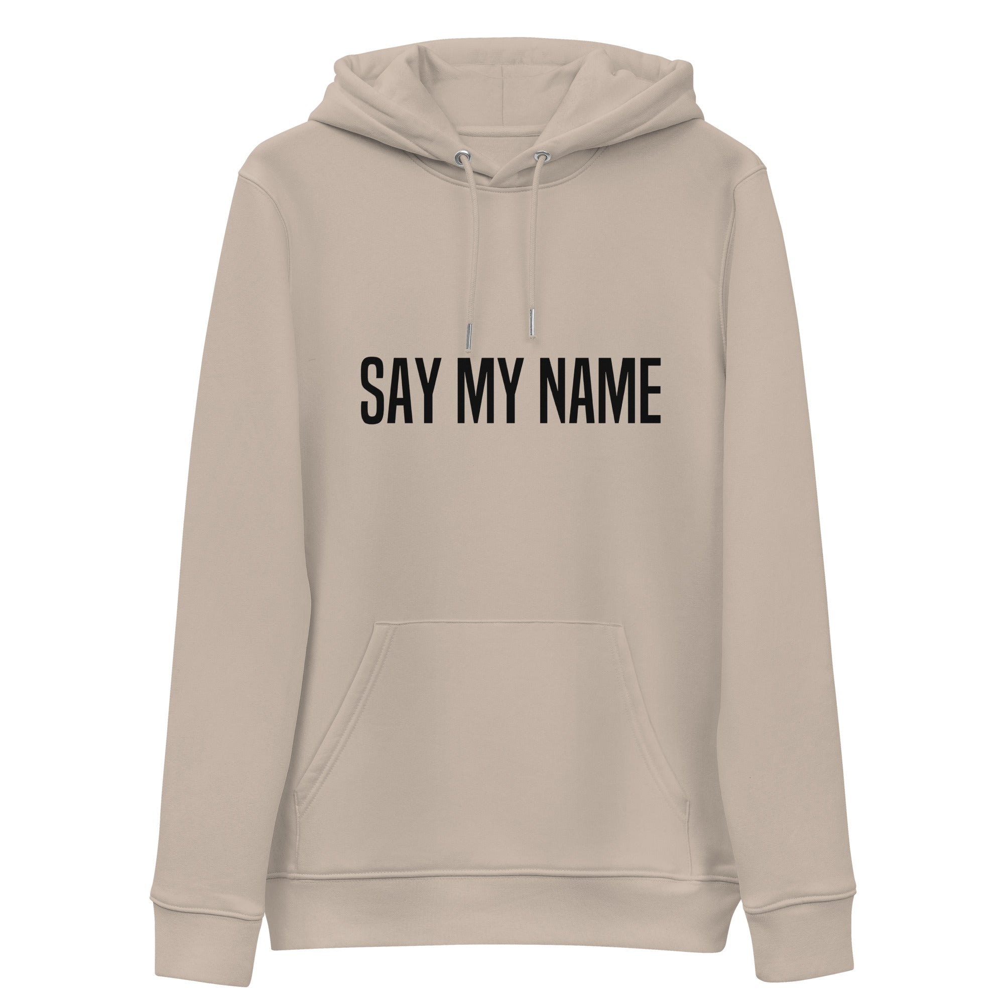 Hoodie_unisexe_SAY_MY_NAME_beige_vue_de_face_logo_noir_coupe_mixte.