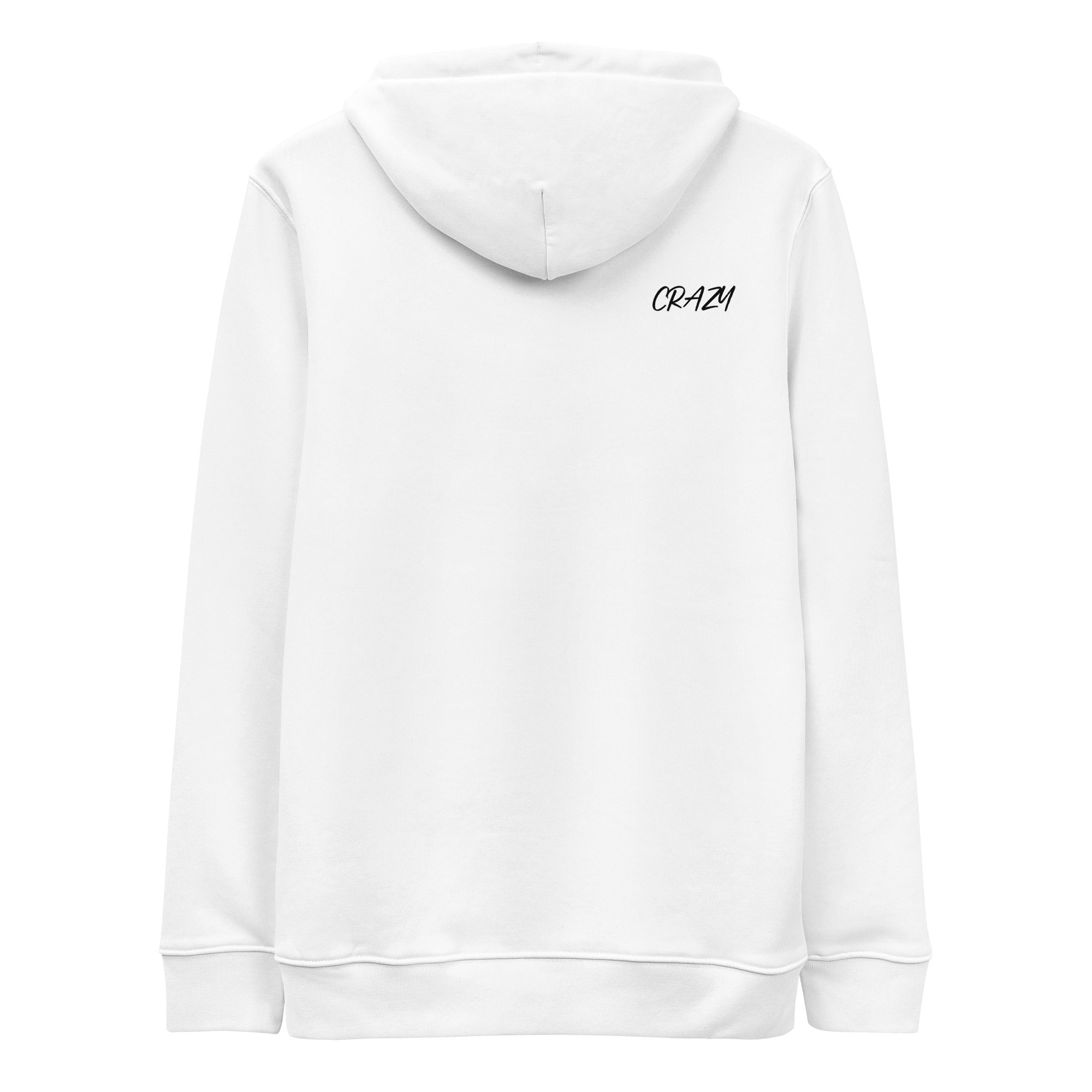Hoodie unisexe SAY MY NAME blanc, vue de dos,logo crazy noir, coupe droite confortable.