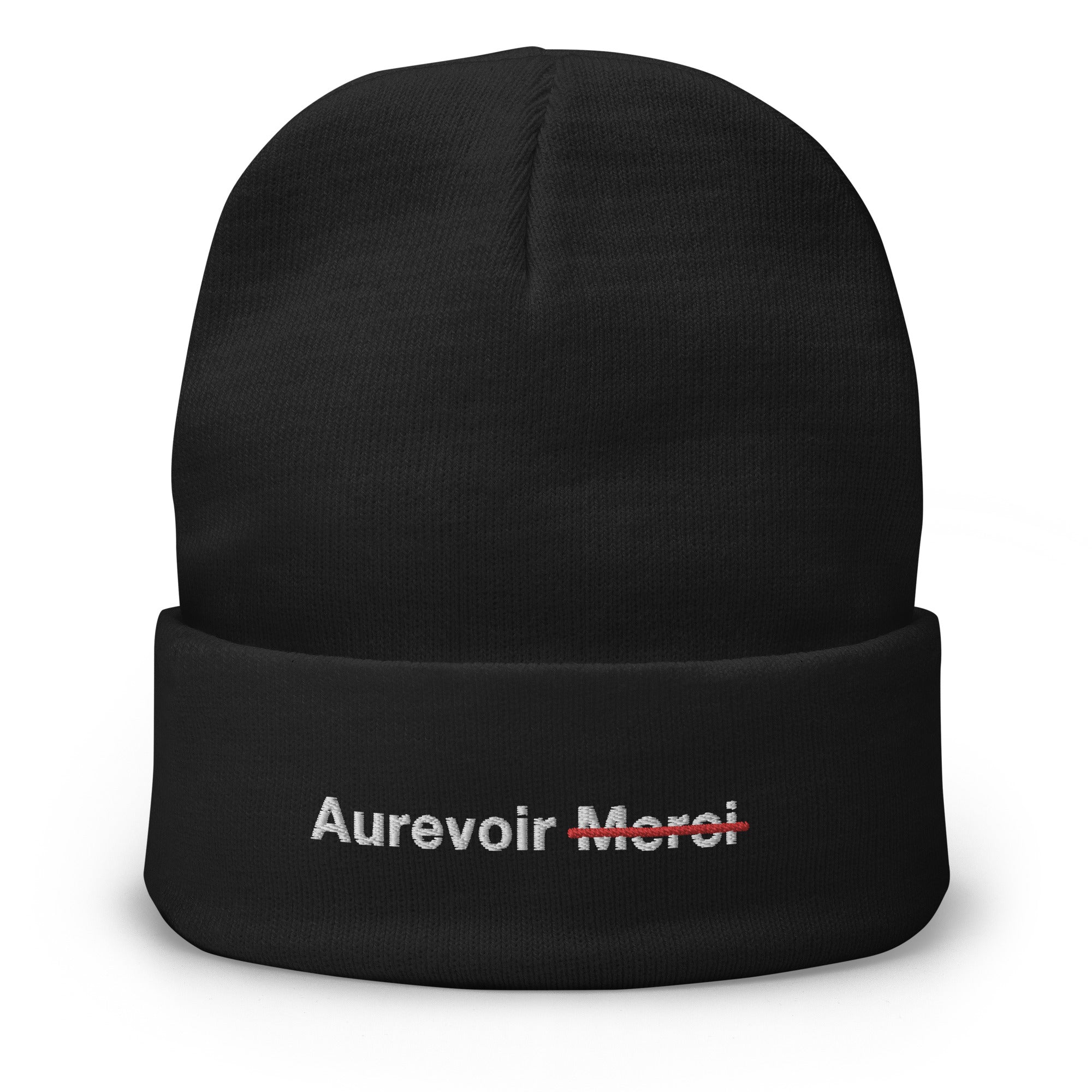 Geborduurde hoed met het opschrift "AUREVOIR MERCI"