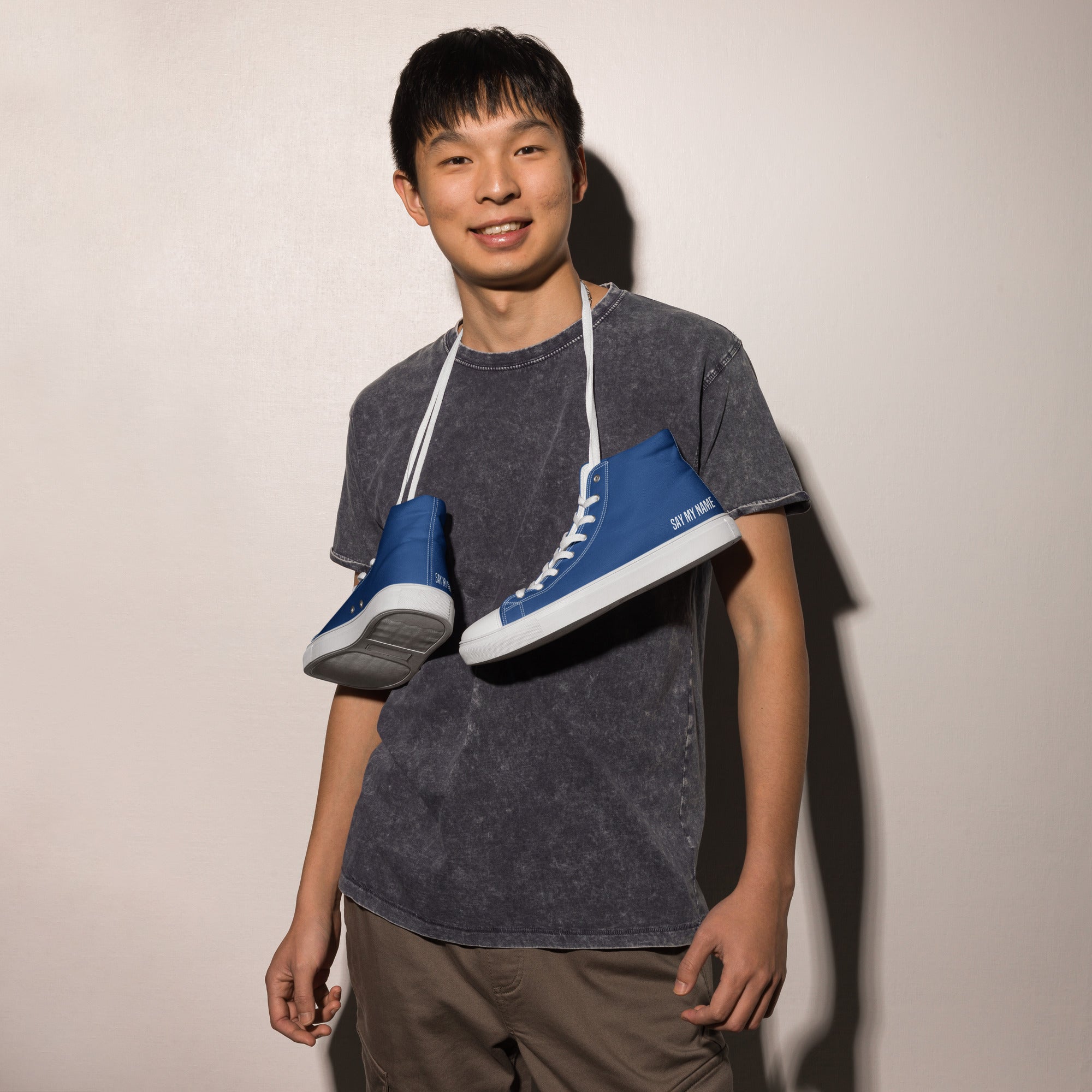 "SAY MY NAME" men's high blue canvas sneakers