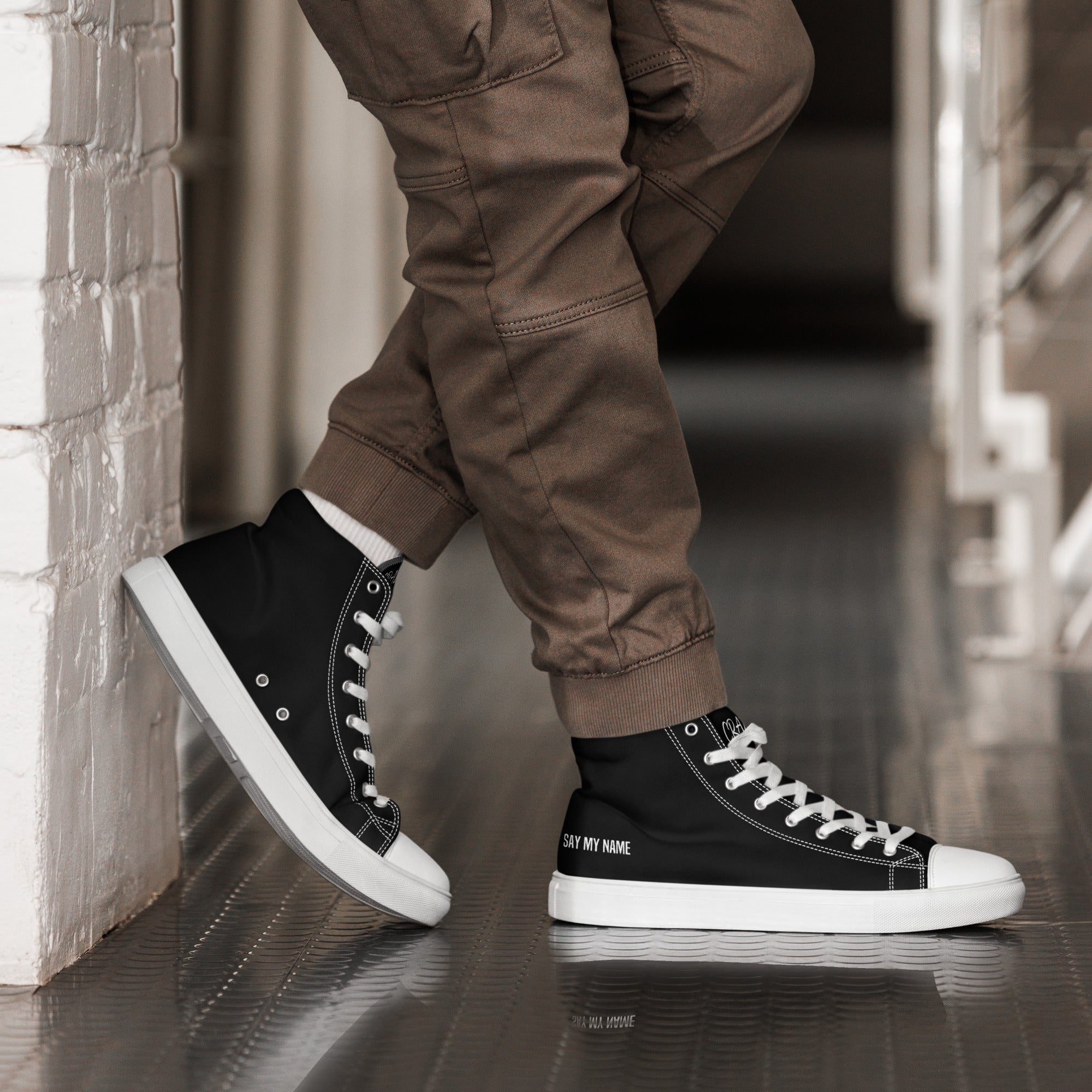 "SAY MY NAME" men's high-top black canvas sneakers