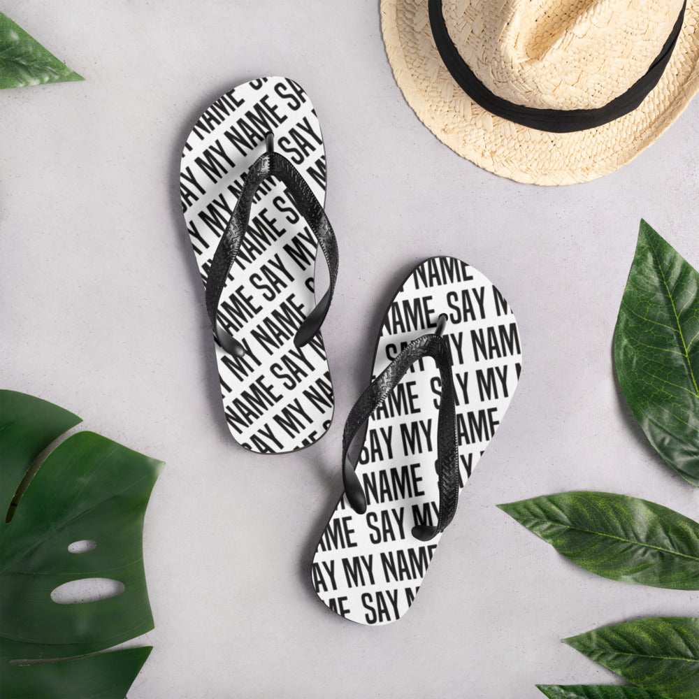 White Unisex "SAY MY NAME" flip flops