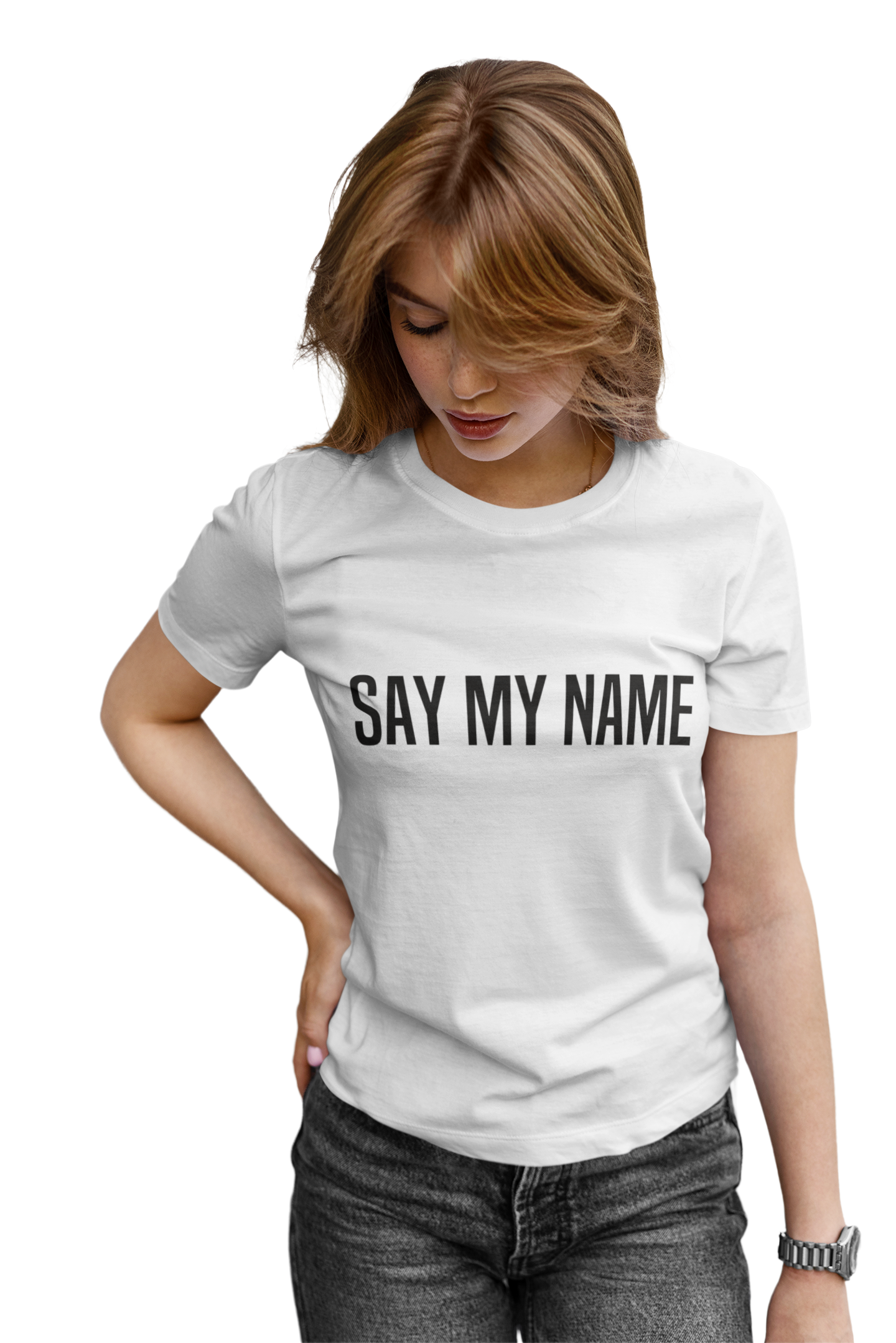 T-shirt à manches courtes avec l'inscription 'Say My Name' en caractères blancs sur fond noir